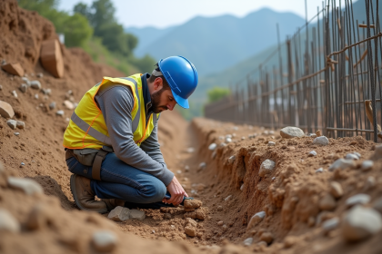 Ingénieur géotechnique en extérieur examinant des échantillons de sol