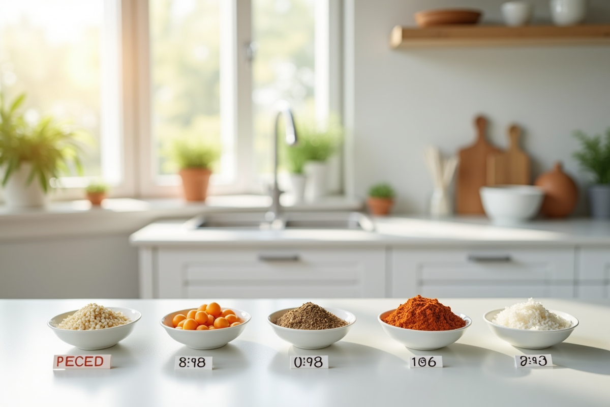 Ingrédients en petits bols avec mesures en ml et g dans cuisine lumineuse