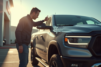 Homme inspectant un pickup d'occasion en concession