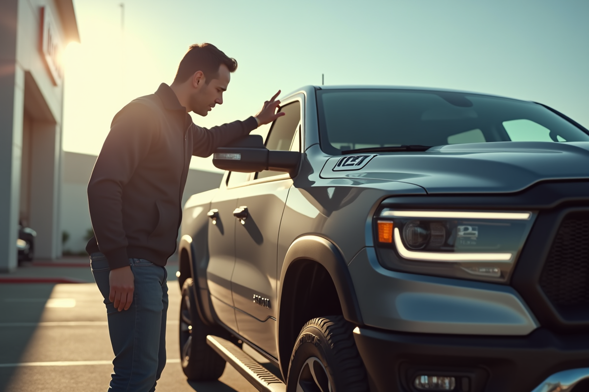 Homme inspectant un pickup d'occasion en concession