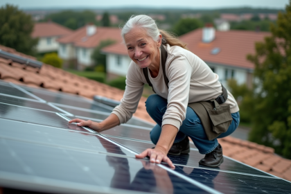 Femme installant un panneau solaire sur le toit d'une maison