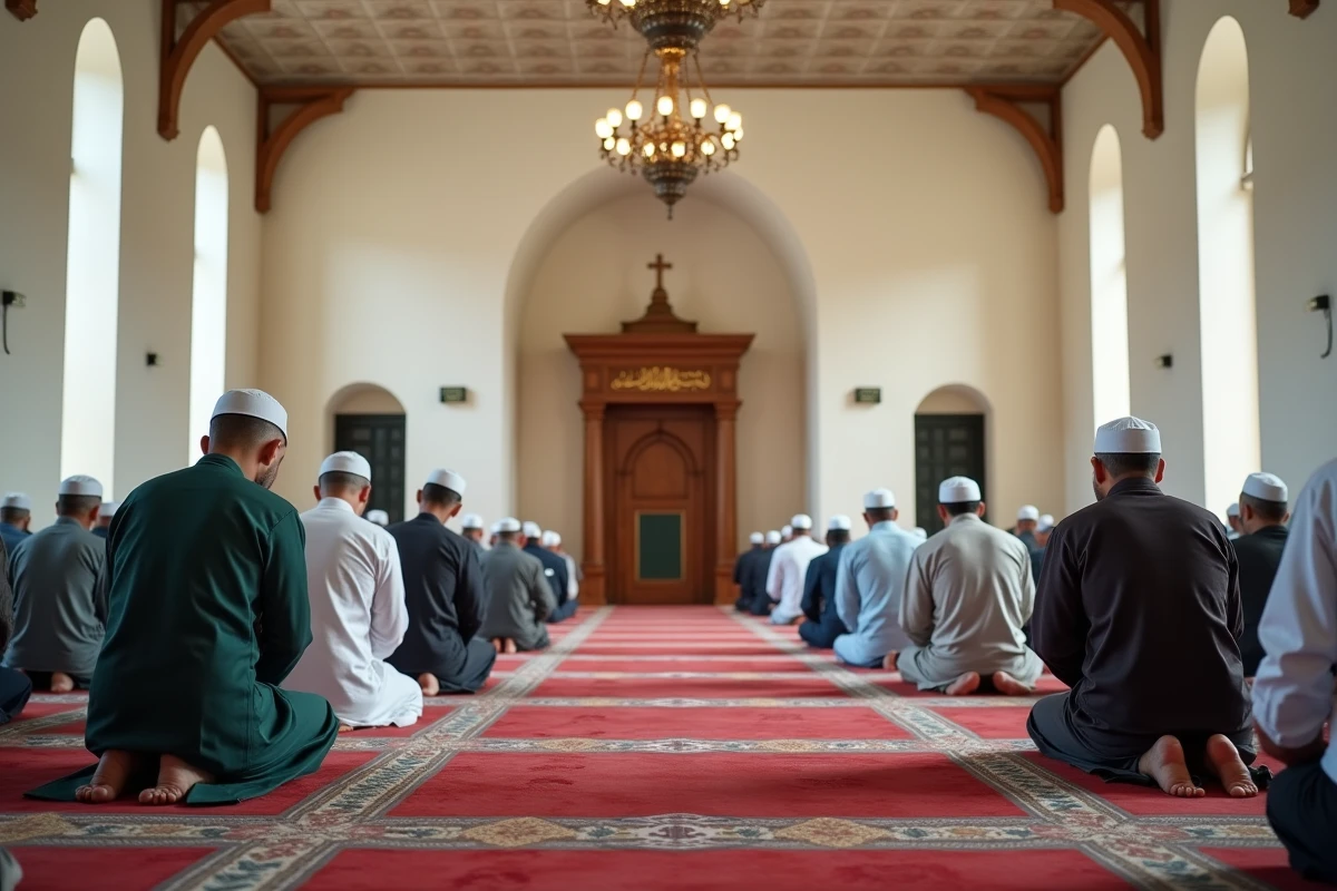Intérieur d'une mosquée de Bezons avec des fidèles alignés sur des tapis de prière lors de la préparation à la prière du vendredi