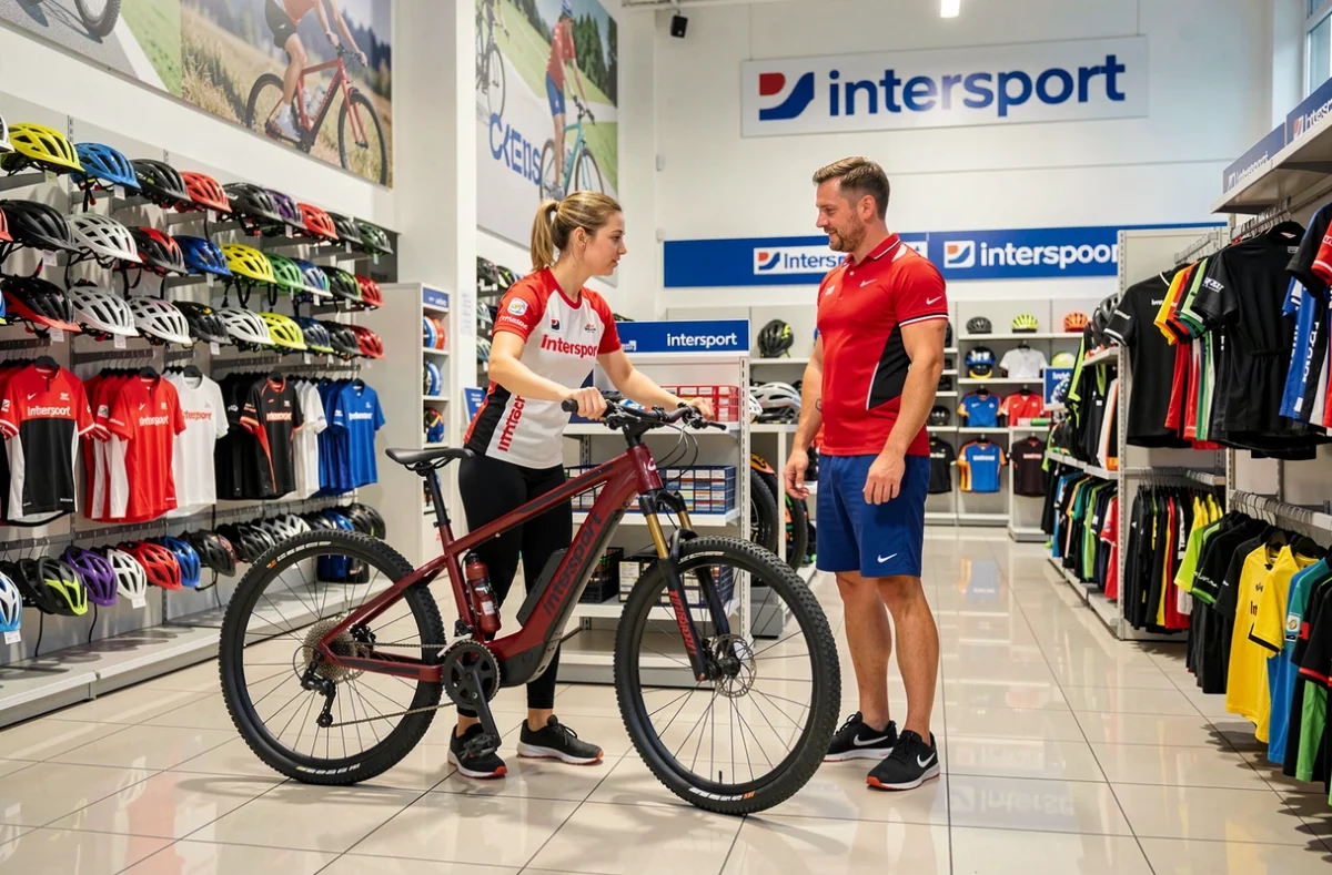 Vendeur Intersport en Seine-Saint-Denis présentant un vélo électrique à un client dans le rayon sport et cycle