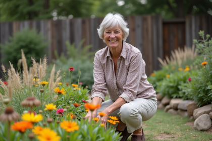 Femme souriante dans un jardin durable avec fleurs sauvages