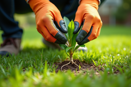 Main portant des gants de jardinage arrachant des mauvaises herbes