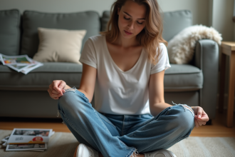 Jeune femme inspectant ses jeans usés dans un intérieur cosy