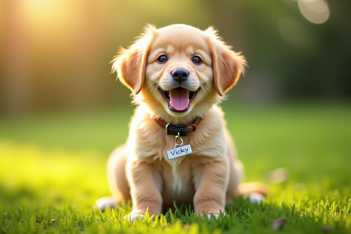 Jeune chienne joyeuse nommée Vicky en plein air
