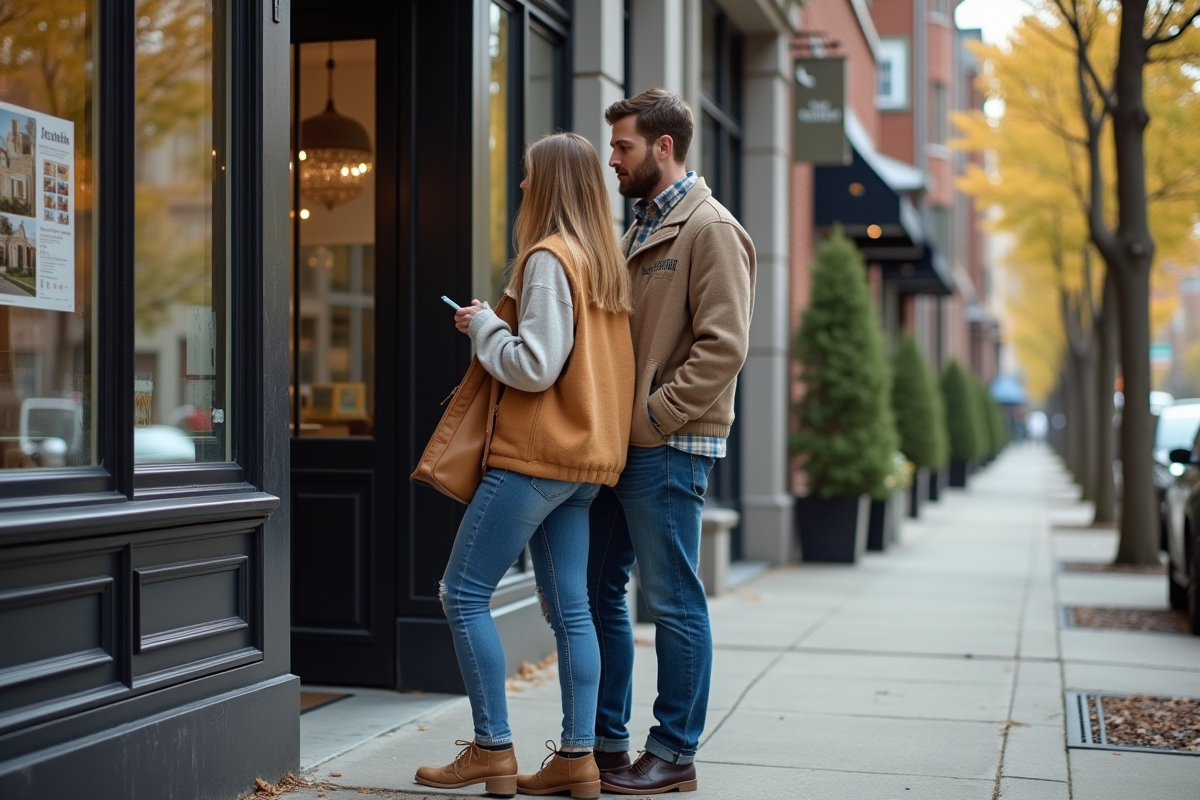 Jeune couple regardant une annonce immobiliere dans la rue