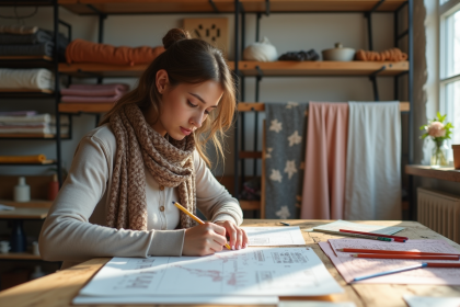 Jeune femme designer textile en studio lumineux en train de dessiner