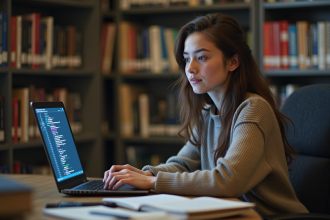 Jeune femme concentrée à la bibliothèque avec ordinateur portable