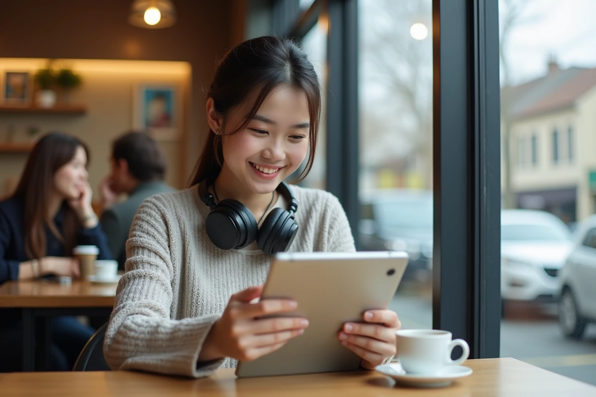 Jeune femme souriante regardant manga sur tablette au café