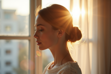 Jeune femme coiffant un chignon élégant devant une fenêtre lumineuse
