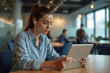 Jeune femme avec écouteurs sans fil utilisant une tablette dans un espace de coworking