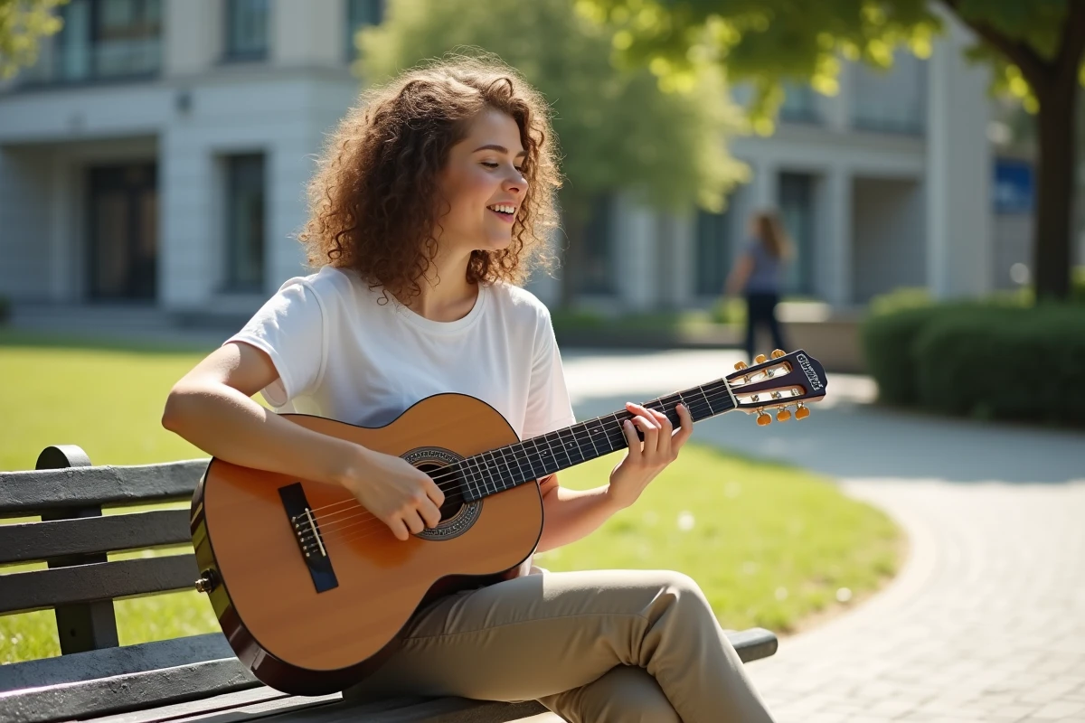 Jeune femme jouant de la guitare dans un parc urbain ensoleille
