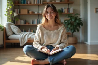 Jeune femme en knitwear dans un salon lumineux en train de journaliser