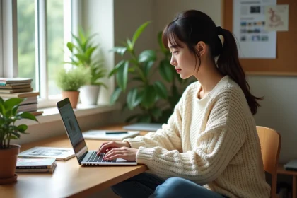 Jeune femme lisant manga sur ordinateur dans un bureau lumineux