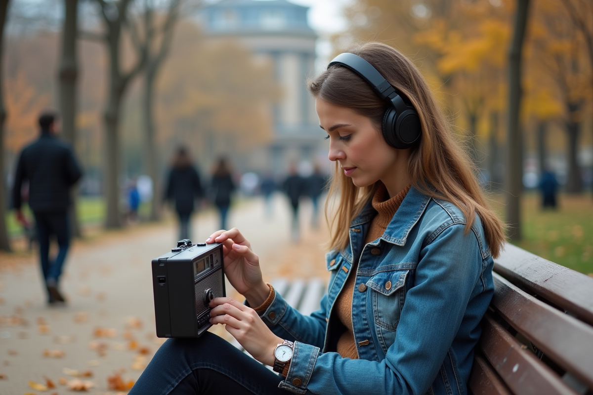 Jeune femme avec casque réglant une radio dans un parc parisien