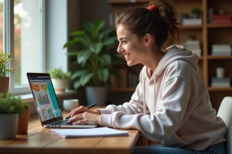 Jeune femme souriante regardant un webtoon sur son ordinateur dans un bureau cosy