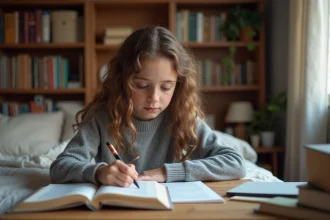 Jeune fille concentrée en lecture dans sa chambre studieuse