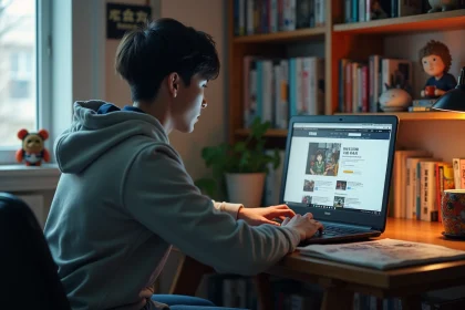 Jeune homme lisant manga sur ordinateur dans sa chambre