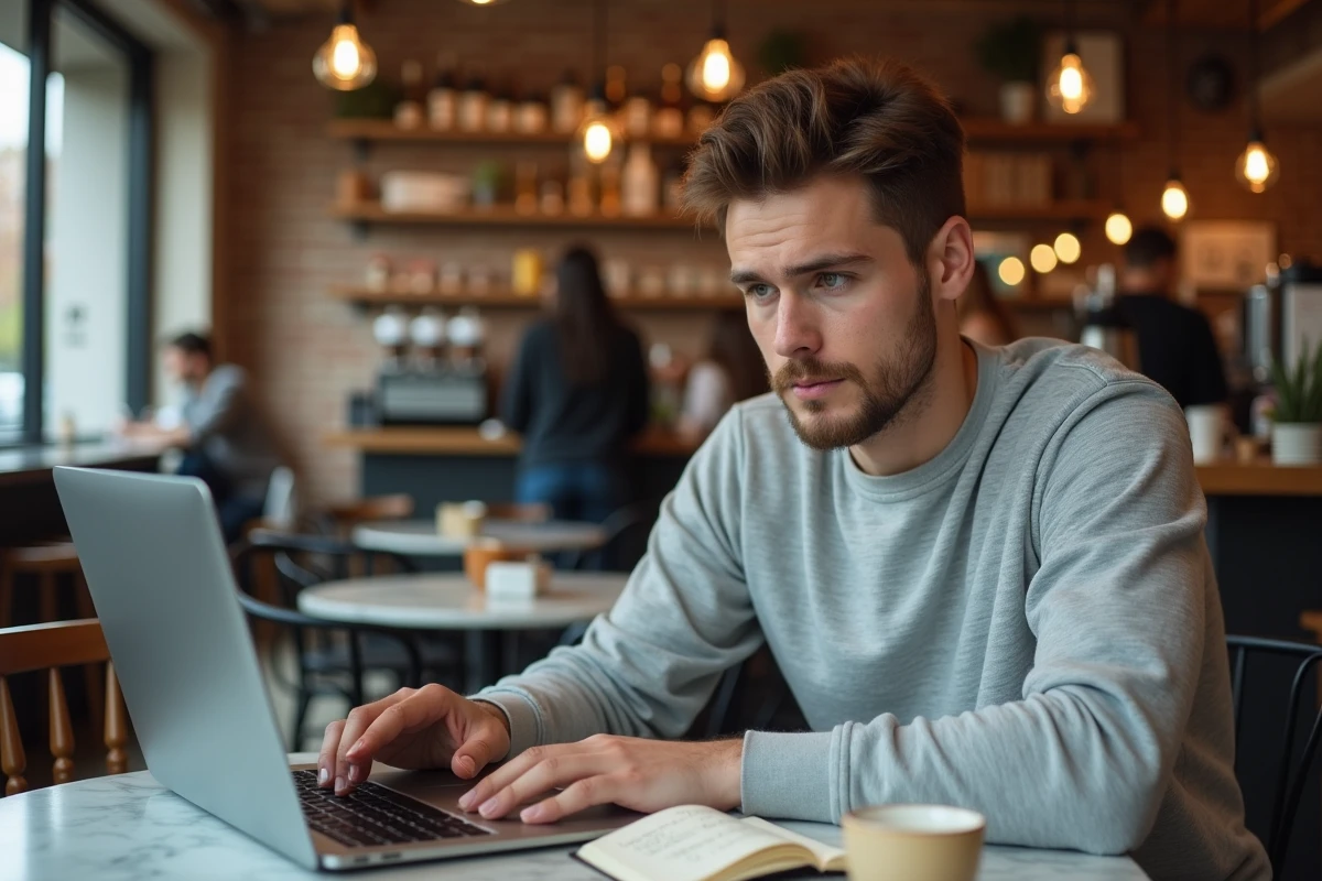 Jeune homme travaillant sur des exercices d'écriture en français dans un café avec un carnet et un ordinateur portable montrant des phrases avec dans le