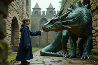 Jeune garçon avec lunettes et cape face à un dragon vert dans une cour ancienne