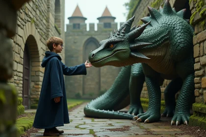 Jeune garçon avec lunettes et cape face à un dragon vert dans une cour ancienne