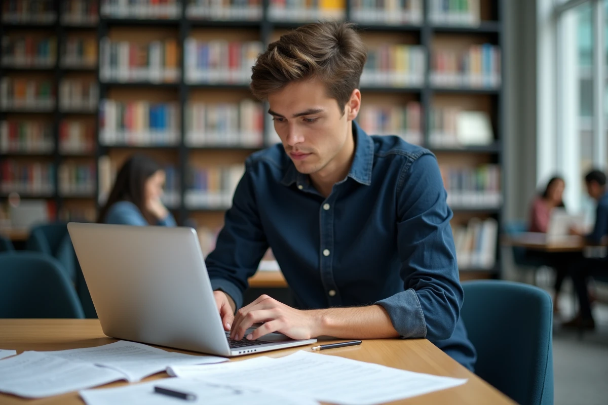 Jeune homme étudiant dans une bibliothèque universitaire moderne