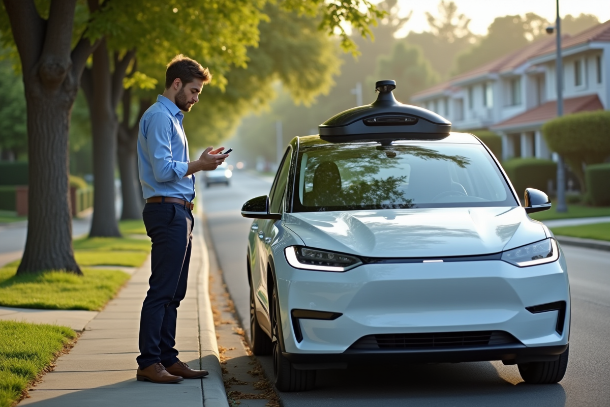 Jeune homme utilisant smartphone avec voiture électrique
