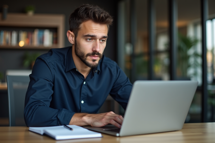 Jeune homme professionnel travaillant sur son ordinateur dans un bureau moderne