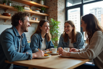 Quatre jeunes adultes partageant un repas dans une cuisine moderne