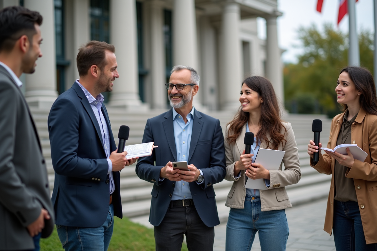 Jeunes journalistes en extérieur devant un bâtiment officiel