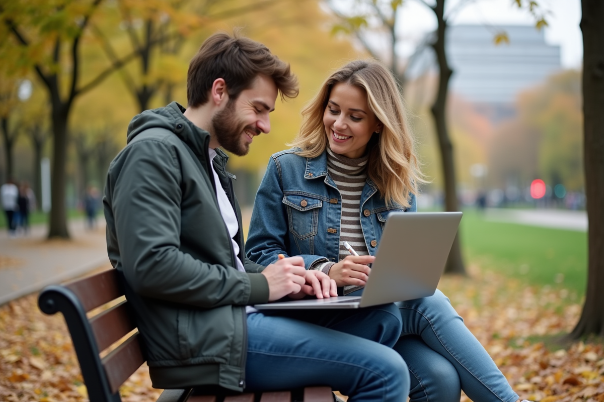 Deux jeunes professionnels discutant dans un parc urbain