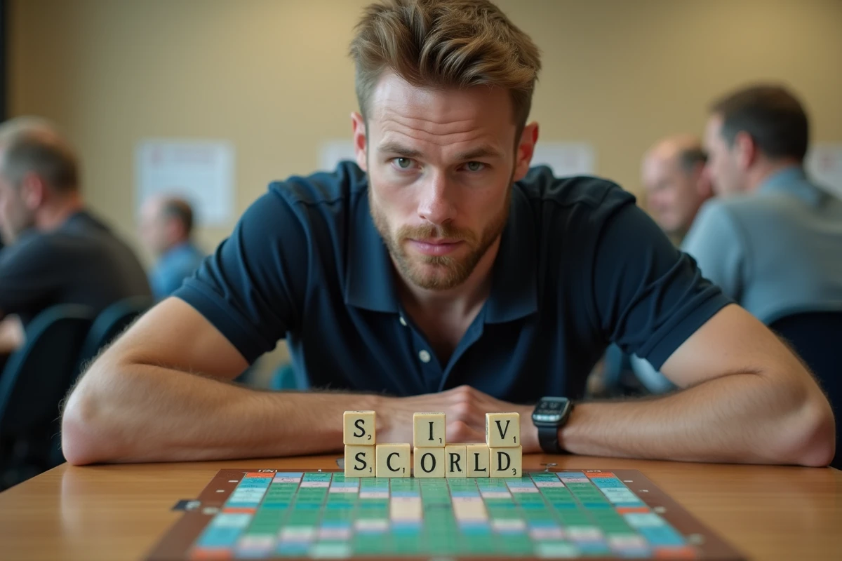 Joueur de Scrabble concentré lors d'un tournoi officiel, analysant les mots posés sur le plateau réglementaire