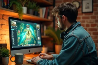 Joueur concentré sur sa stratégie de montée de niveau Mineur dans Dofus 3 devant son écran de jeu