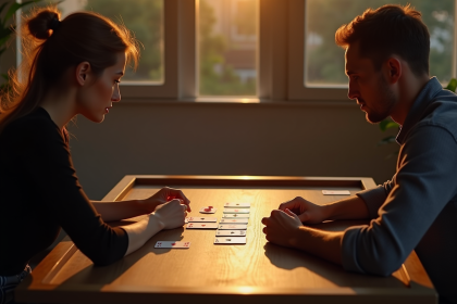 Deux personnes jouent à la crapette sur une table en bois