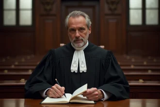 Juge en robe noire consultant un dossier juridique dans une salle d'audience française, illustration du jugement de déboutement en droit civil