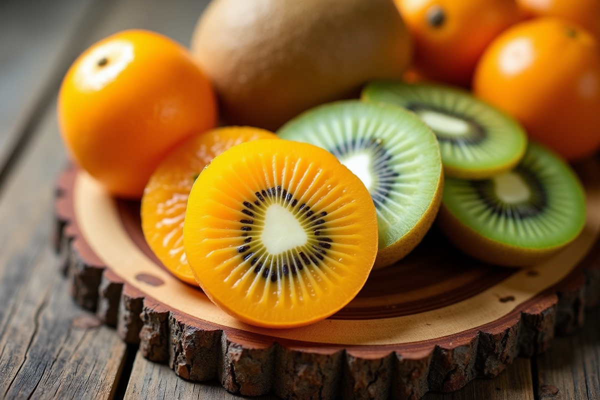 Tranches de kiwi et kumquat sur une planche en bois rustique