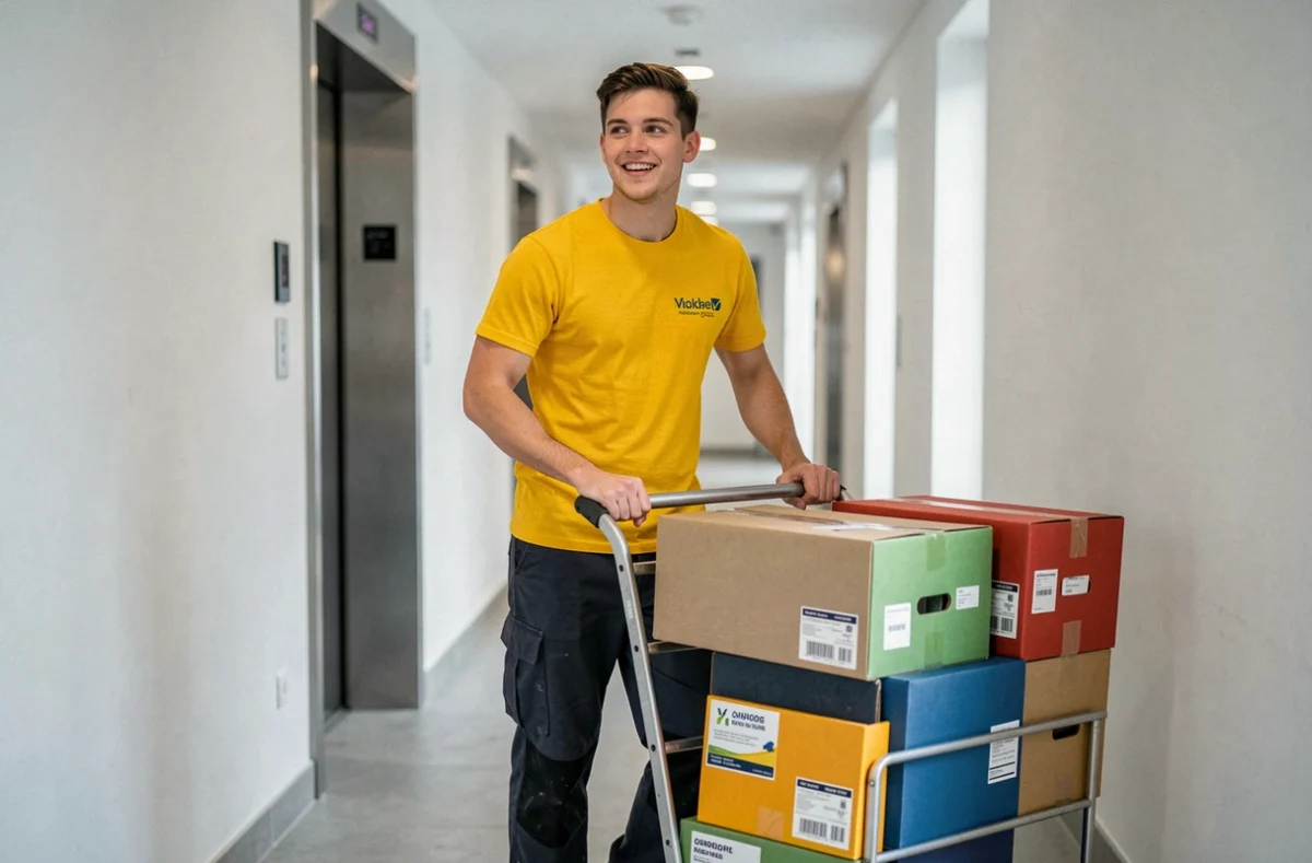 Jeune déménageur de La Jeunesse Déménage transportant des cartons colorés dans le couloir d'un immeuble moderne