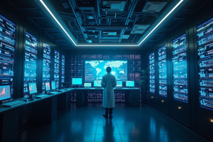 Laboratoire futuriste avec ordinateur quantique et scientifique