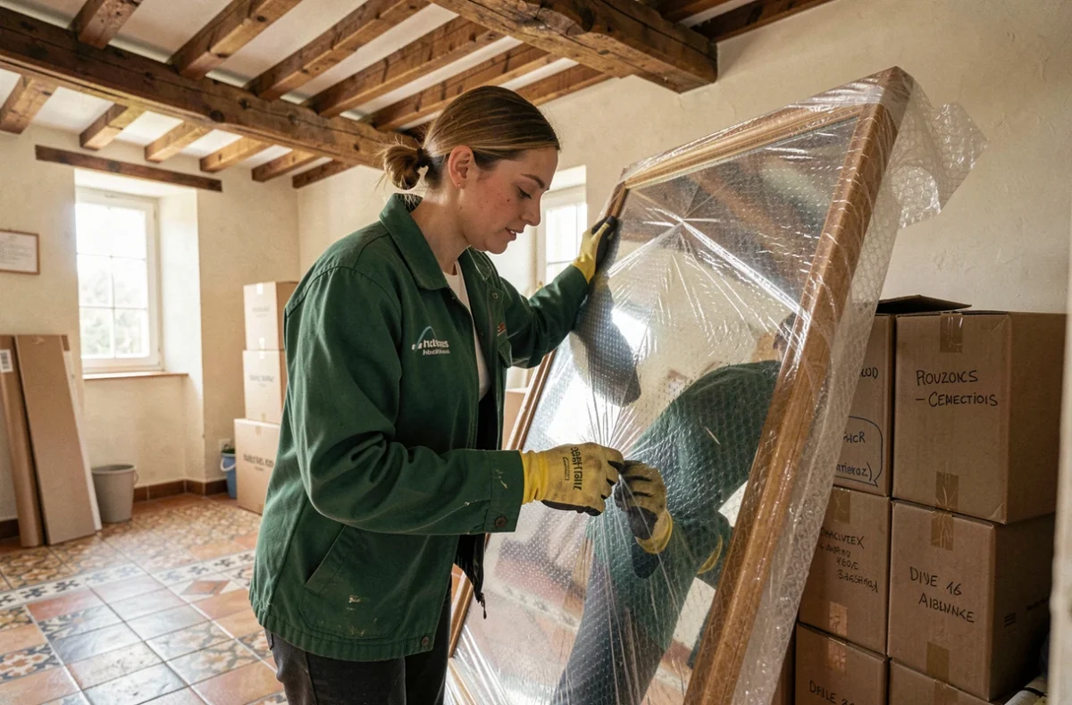Déménageuse de Ladreyt emballant un miroir dans un appartement avec poutres apparentes