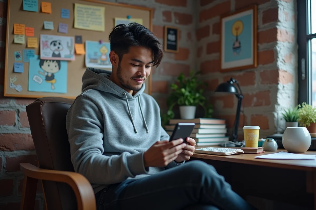 Jeune homme passionné de webtoons parcourant un scan sur smartphone dans un bureau personnel décoré d'illustrations