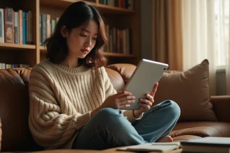 Jeune femme lisant un webtoon sur tablette dans un salon cosy entouré de mangas et romans graphiques