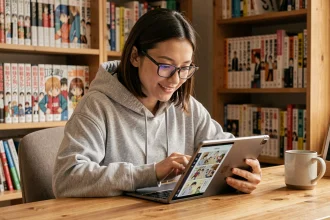 Jeune femme lisant des mangas sur une tablette dans un bureau cosy avec des étagères de mangas en arrière-plan