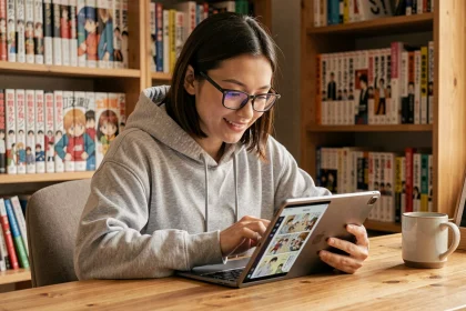 Jeune femme lisant des mangas sur une tablette dans un bureau cosy avec des étagères de mangas en arrière-plan