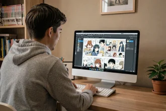 Jeune homme lisant un scan de manga en français sur son ordinateur depuis un bureau à domicile
