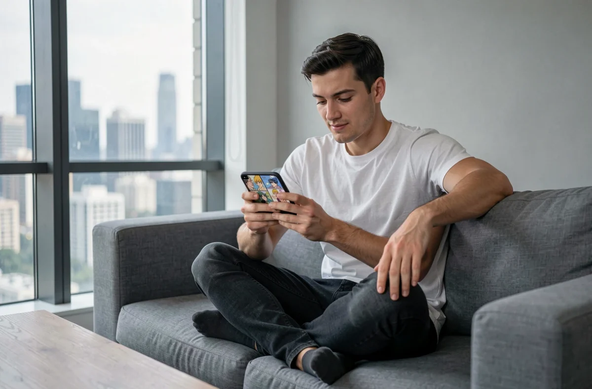 Homme lisant un webtoon sur smartphone dans un appartement moderne avec vue sur la ville