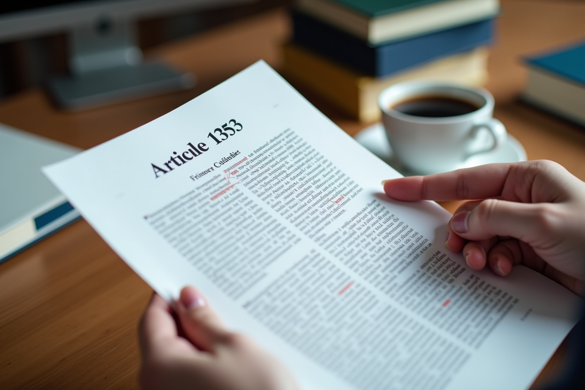 Main tenant une page avec Article 1353 du code civil français en intérieur