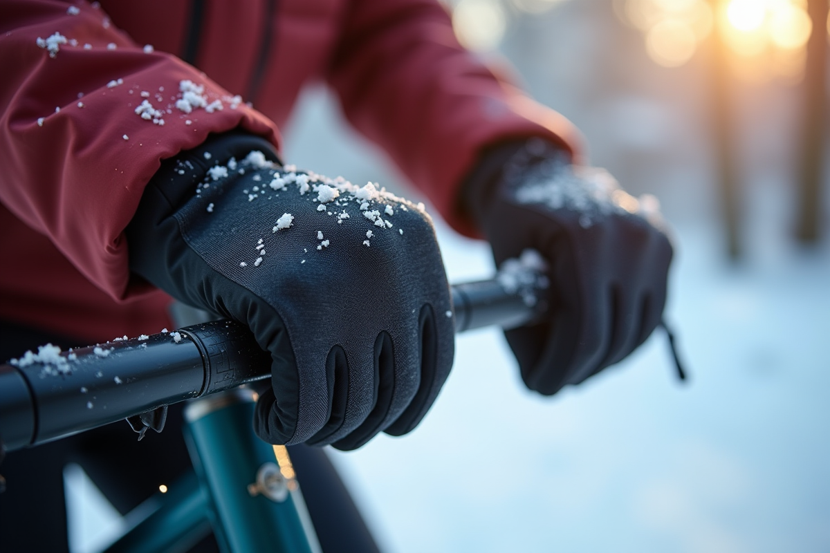 Mains portant gants isolants sur guidon de vélo enneige