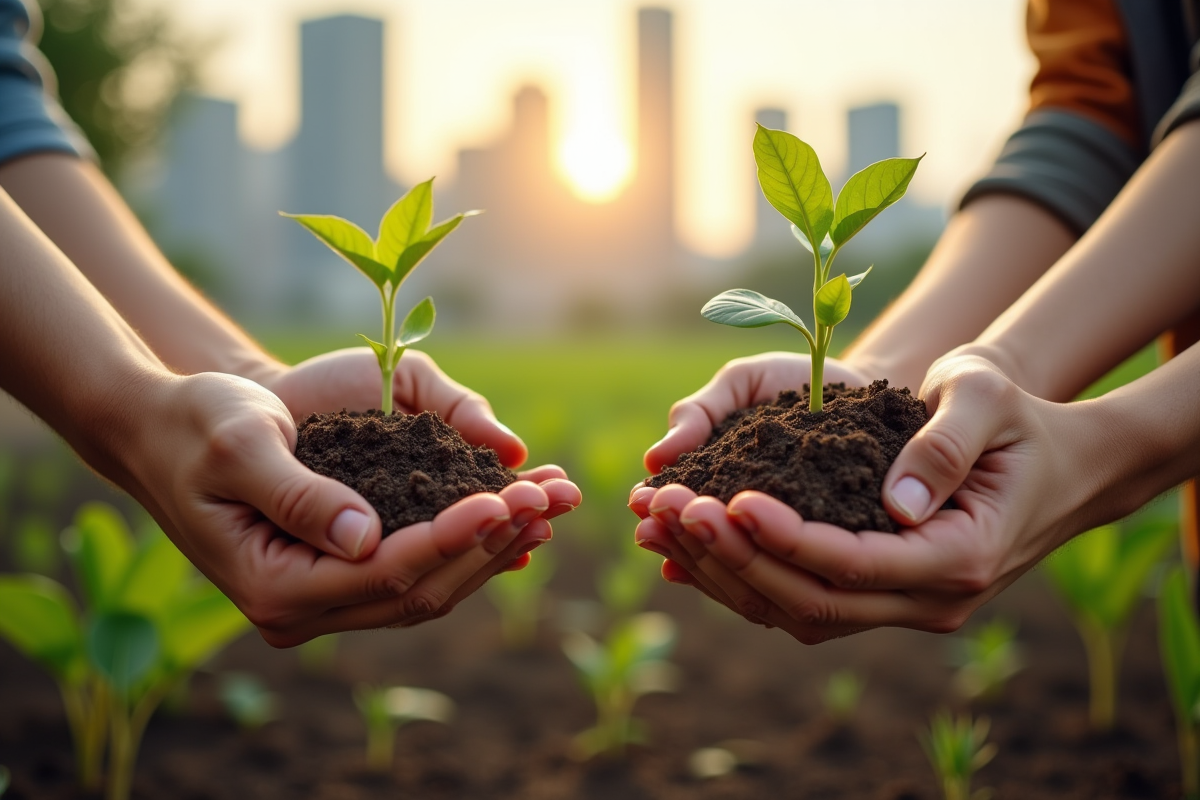 Mains tenant de jeunes plants avec gratte-ciel en arrière-plan